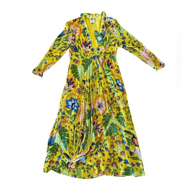 NWT originally $220 Farm Rio Long Sleeve Summer Garden Yellow Maxi Dress XL - Picture 3 of 16